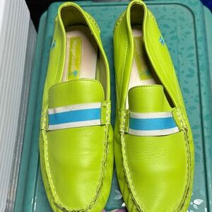Margaritaville Lime Green Leather Loafers with Blue-White Stripe